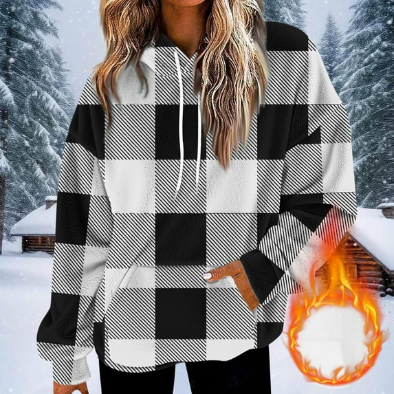 Plaid Hoodies for Women Casual Long Sleeve Drawstring Loose Fit Pullover Sweaters Tops for Women Trendy 2025 Fall Fashion Black XXL