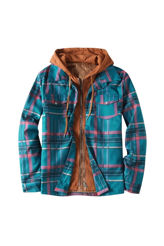 Plaid Jacket Lined Shacket Jacket for Men Flannel Hoodie Quilted Shackets Winter Warm Thermal Fall Shirts Plus Size Plaid Jacket Work Coat Outwear