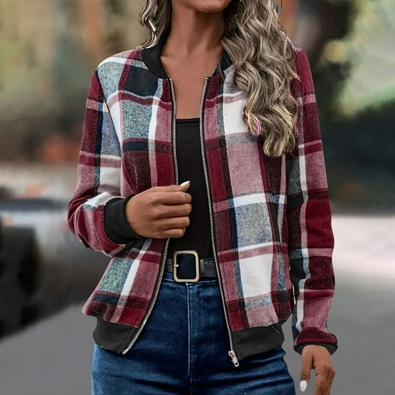 Plaid Jacket for Women Flannel Zip Up Sweatshirts No Hood Crewneck Oversized Long Sleeve Shackets Warm Lightweight Fashion Fall Jacket without Pockets Y2K Streetwear