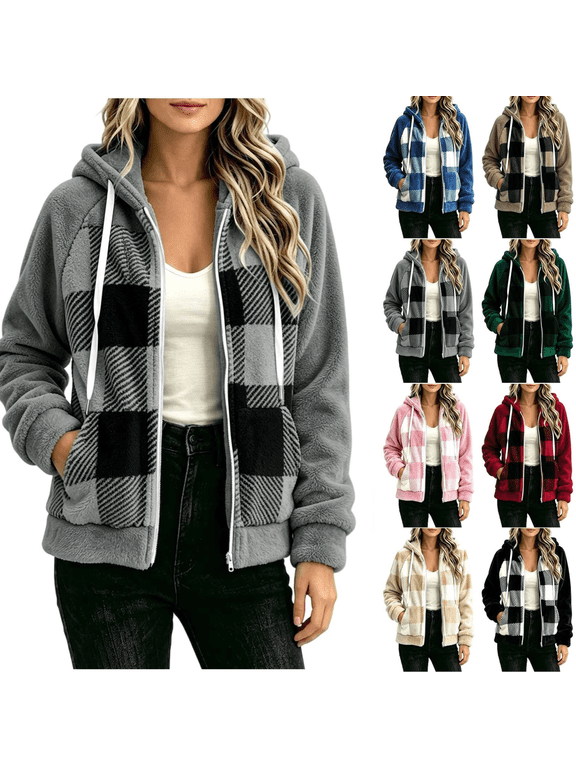 Plaid Jacket Women with Hood Winter Fuzzy Zip Up Flannel Shacket Long Sleeved Casual Sherpa Trendy Jackets with Pockets Fit Fall Daily Casual Workout Vacation