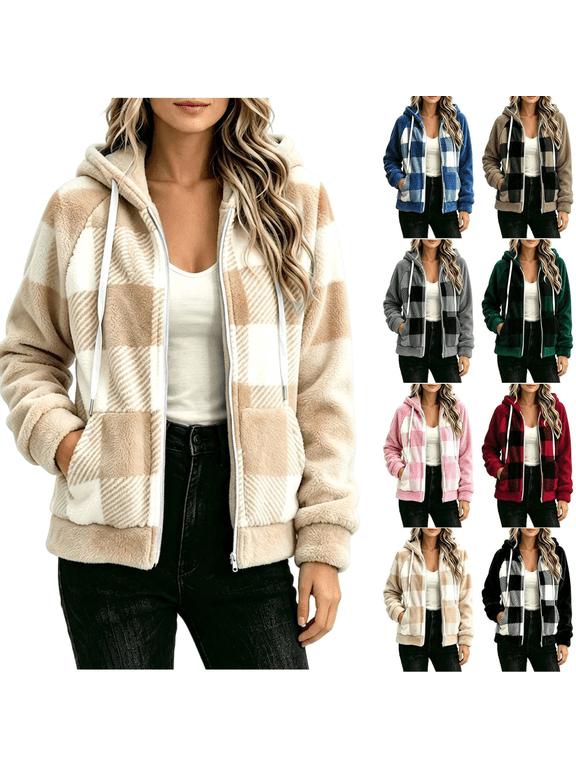 Plaid Jacket Women with Hood Winter Fuzzy Zip Up Flannel Shacket Long Sleeved Casual Sherpa Trendy Jackets with Pockets Fit Fall Daily Casual Workout Vacation