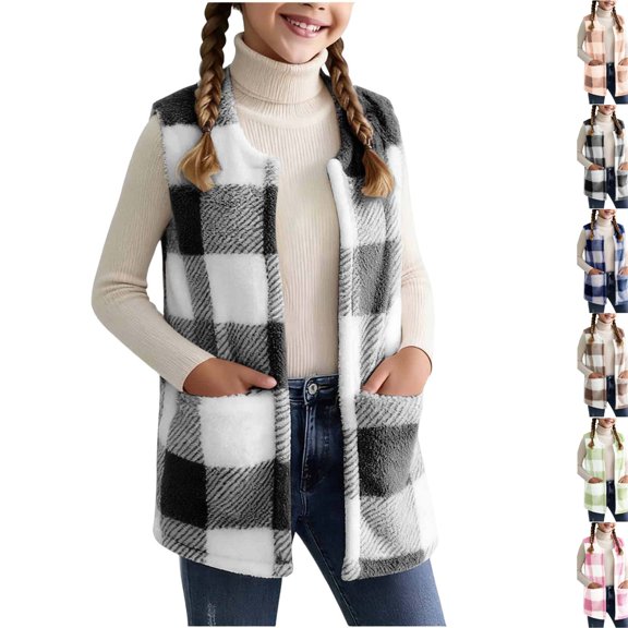 Plaid Jacket for Teen Girls Sleeveless Fleece Vest Full Zipper Stand Collar Jacket Warm Outwear Teen Shacket Clothes Black,11-12 Years