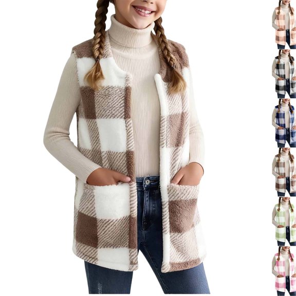 Plaid Jacket for Teen Girls Sleeveless Fleece Vest Full Zipper Stand Collar Jacket Warm Outwear Teen Shacket Clothes Coffee,12-13 Years