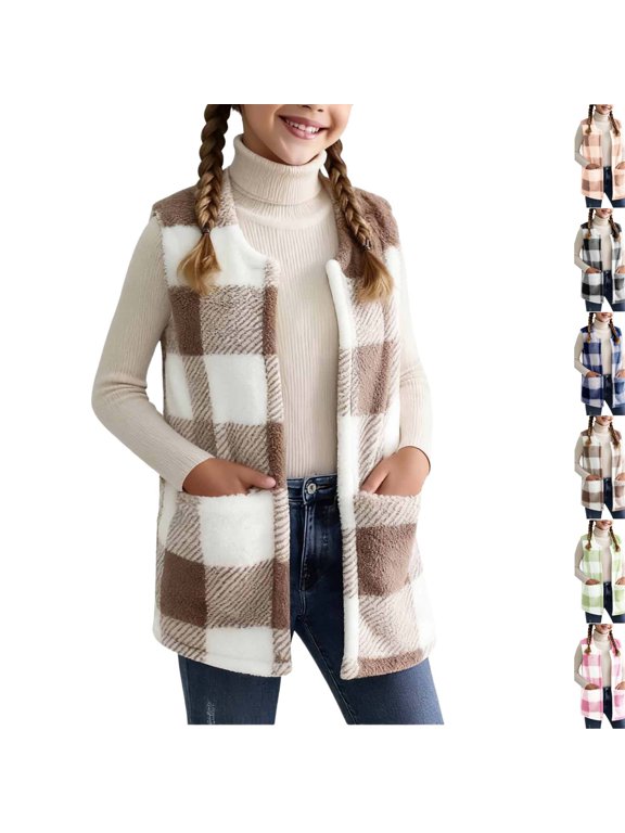 Plaid Jacket for Teen Girls Sleeveless Fleece Vest Full Zipper Stand Collar Jacket Warm Outwear Teen Shacket Clothes Coffee,12-13 Years
