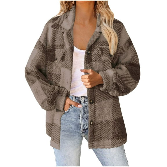 Plaid Jacket for Woman Fuzzy Sherpa Fleece Lined Flannel Shirt Jackets Casual Long Sleeve Button Shacket Coats (L, Brown)