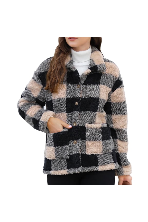 Plaid Jacket for Women Plus Size Long-Sleeved Turtleneck Plaid Winter Coats Khaki S-2XL