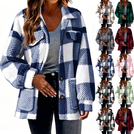 Plaid Jacket for Women Warm Fleece Button Down Turned-Down Collar Fall Winter Shacket Coat with Patch Pockets