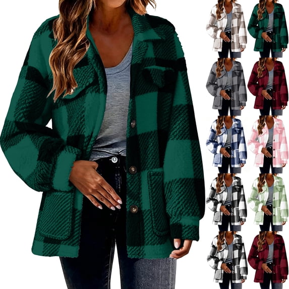 Plaid Jacket for Women Warm Fleece Button Down Turned-Down Collar Fall Winter Shacket Coat with Patch Pockets