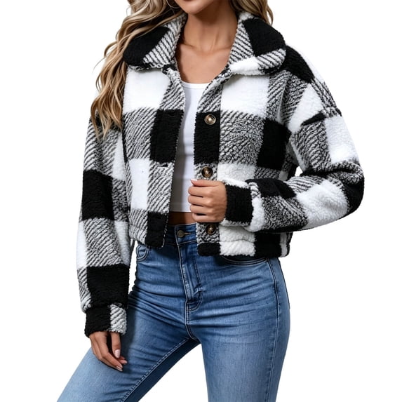 Plaid Jacket for Women, Winter Fuzzy Fleece Button Copped Coat, Long Sleeve Lapel Collar Casual Warm Outerwear