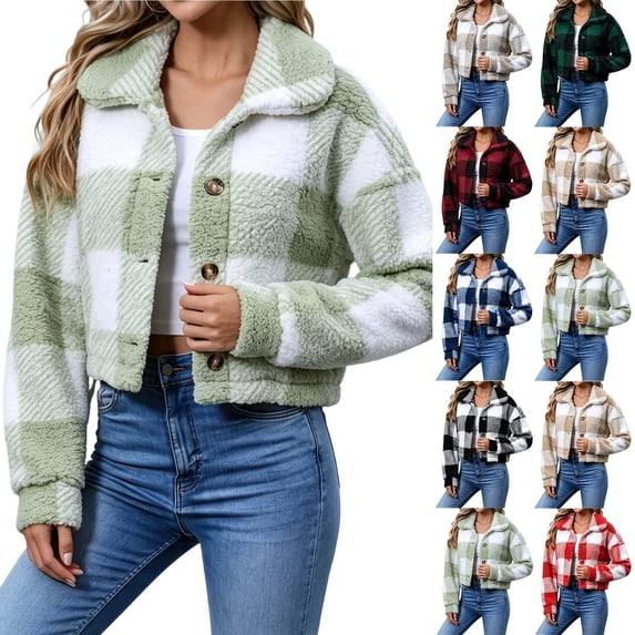 Plaid Jacket for Women, Winter Fuzzy Fleece Button Copped Coat, Long Sleeve Lapel Collar Casual Warm Outerwear