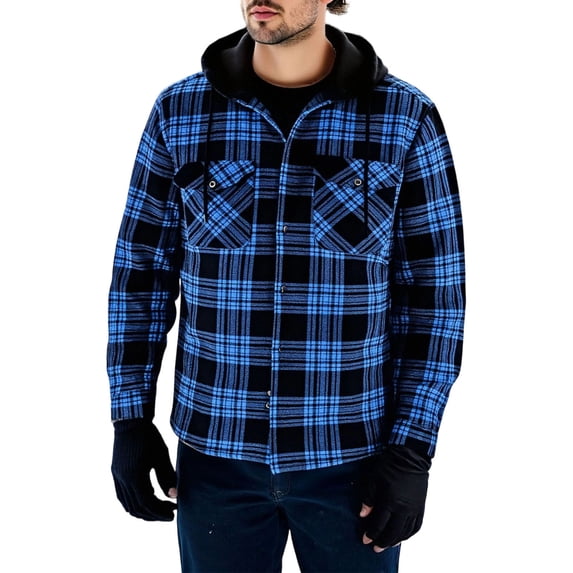 Plaid Jackets For Men Hooded Drawstring Button Down Shacket Thick Fleece Thermal Casual Winter Outwear With Flat Pockets (L, Blue)