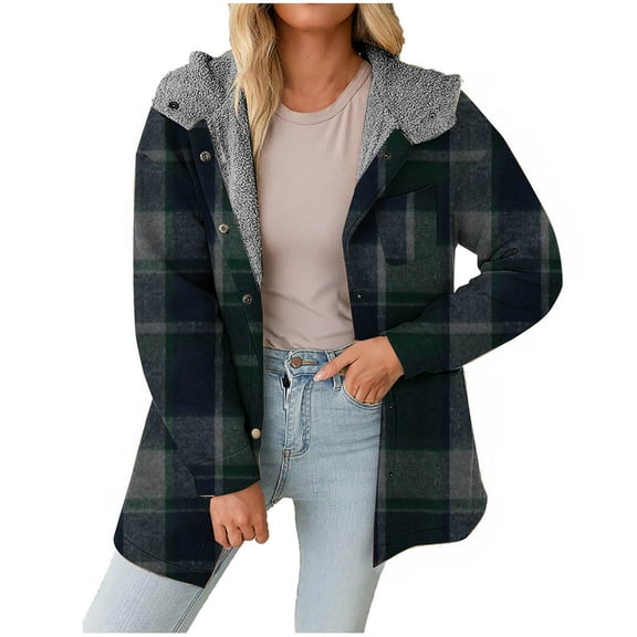 Plaid Jackets For Women 2024 Winter Warm Fuzzy Plaid Shirt Jackets Plus Size Button Down Long Sleeve Coats Green M