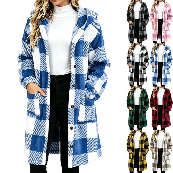 Plaid Jackets for Womens Fall and Winter Oversize PlaidPlaid Fuzzy Fleece Hooded Jacket Casual Mid Long Length Long Sleeve Outerwear Coat With Pockets