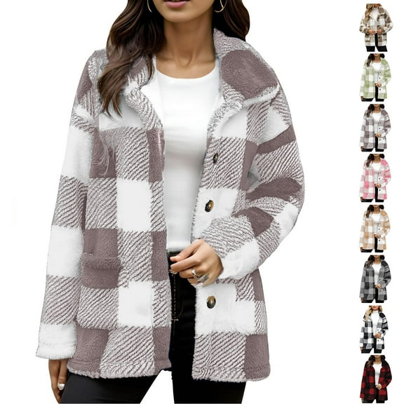 Plaid Jackets for Womens Fashion Plus Size Botton Solid Color Zipper Pocket Hooded Ear Loose Jacket Long Sleeved Hooded Casual Jacket/jacket