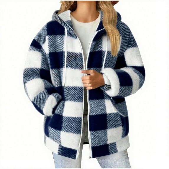 Plaid Jackets for Women Casual Button Down Jackets with Hood Winter Warm Fleece Shacket