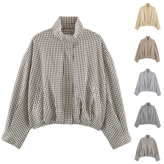 Plaid Jackets for Women Casual Long Sleeve Zip Up Lightweight Bomber Jacket Stand Collar Relaxed Fit Side Pockets Fall Coat