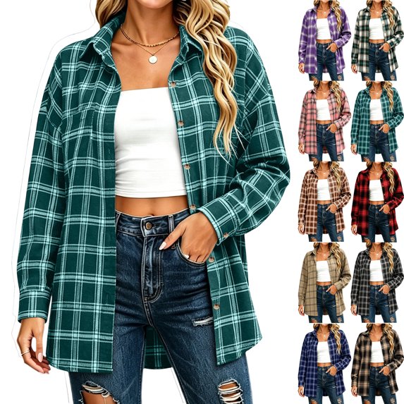 Plaid Jackets for Women Oversized Lightweight Lapel Button Cardigan With No Positioning Shirt Jacket Long Sleeved Top
