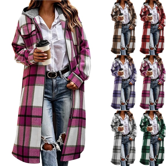 Plaid Jackets for Women Oversized Zip Up Casual Zipper Hooded Cardigan Long Sleeves Coat Tops