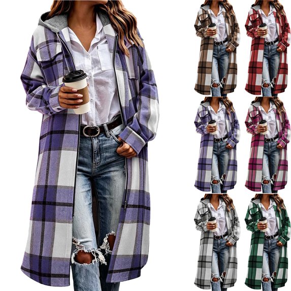 Plaid Jackets for Women Plus Size Zip Up Casual Zipper Hooded Cardigan Long Sleeves Coat Tops