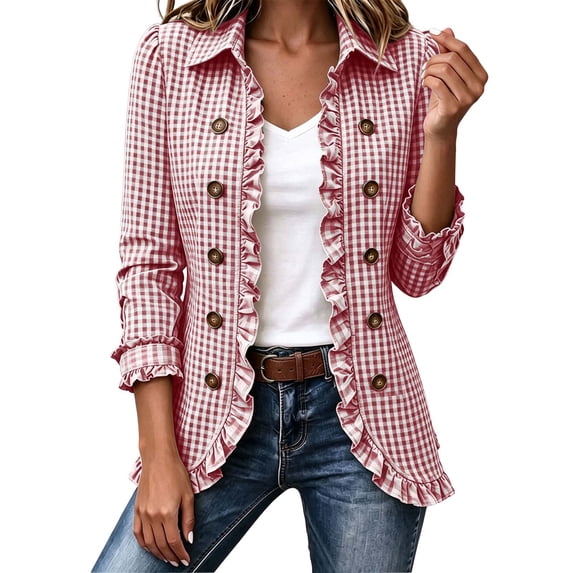 Plaid Jackets for Women Ruffled Fashion Fall Winter Jacket Button Open Front Cardigan Outwear Casual Loose Business Office Jacket