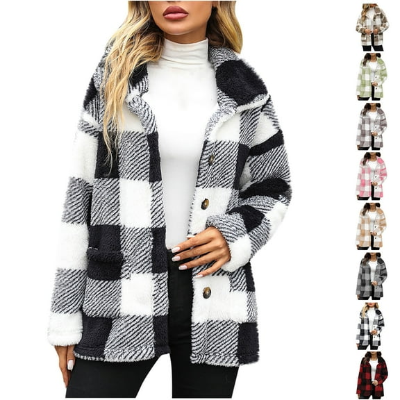 Plaid Jackets for Womens Fashion Plus Size Botton Lapel Double Sided Fleece Pocket Recreational Long Sleeve Tops