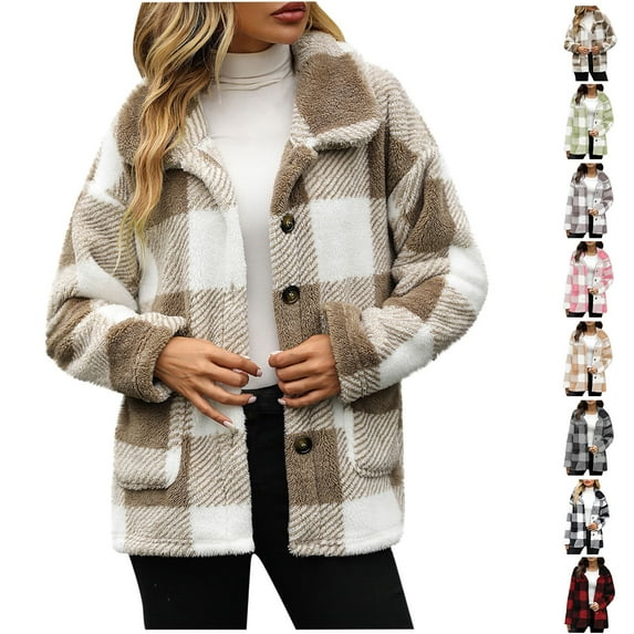 Plaid Jackets for Womens Fashion Plus Size Botton Lapel Double Sided Fleece Pocket Recreational Long Sleeve Tops