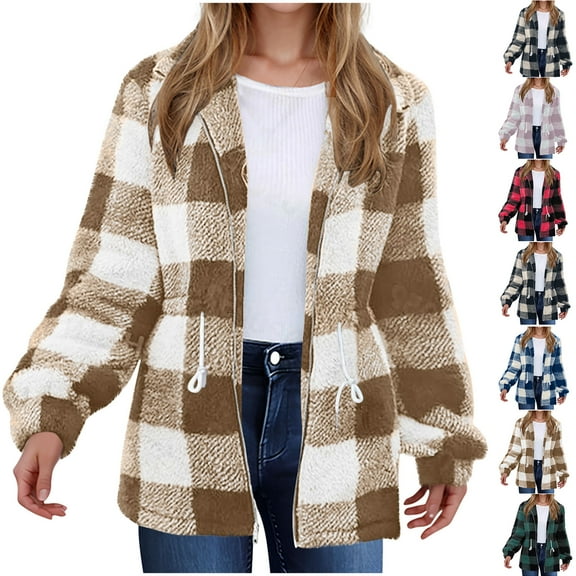 Plaid Jackets for Womens Winter Fashion Plus Size Double-sided Fleece Plaid Long Sleeved Long Coat Jacket Cardigan Overcoat Top