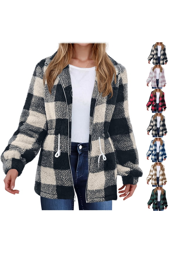 Plaid Jackets for Womens Winter Fashion Plus Size Double-sided Fleece Plaid Long Sleeved Long Coat Jacket Cardigan Overcoat Top