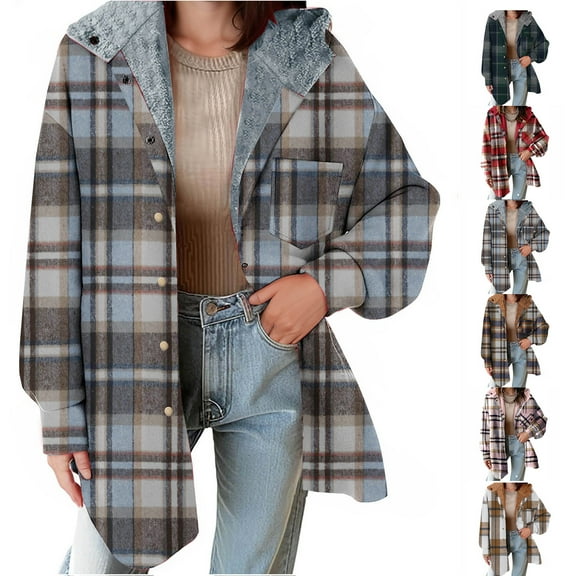 Plaid Jackets for Womens Winter Fashion Plus Size Lattice Splice Pocket Buttons Long Sleeve Casual Hooded Coat Outwears