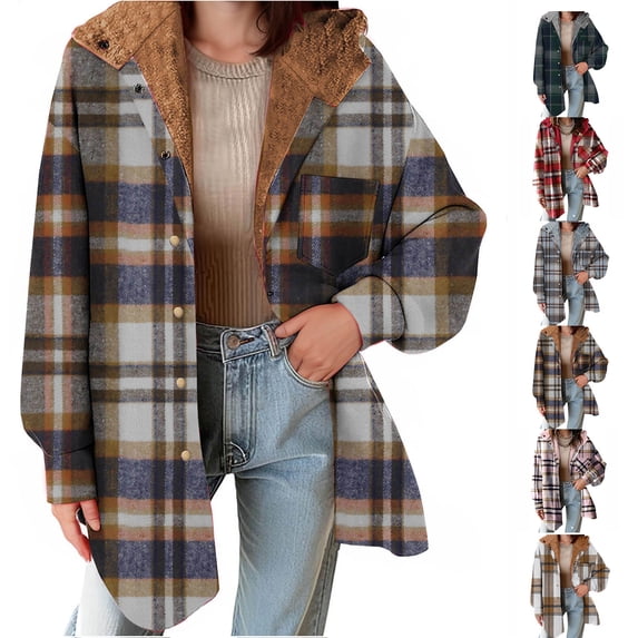 Plaid Jackets for Womens Winter Fashion Plus Size Lattice Splice Pocket Buttons Long Sleeve Casual Hooded Coat Outwears
