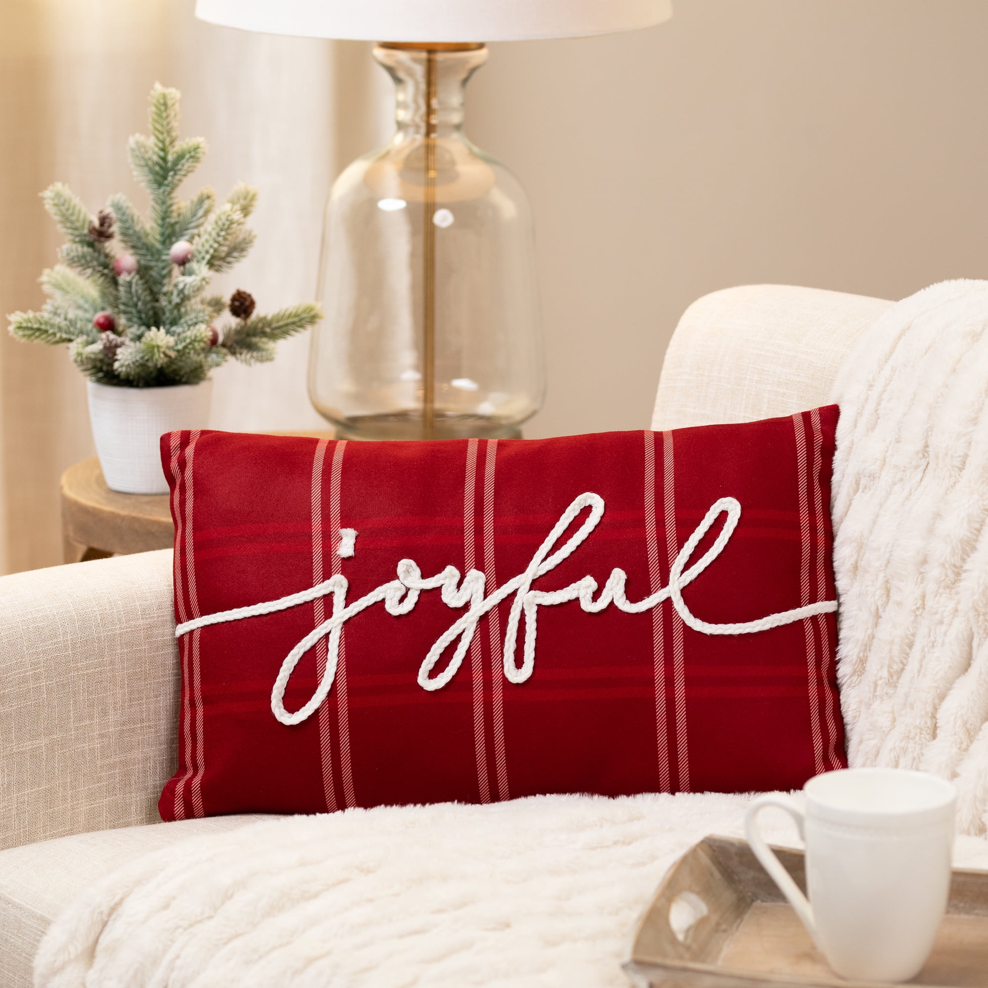 Plaid Joyful Christmas Throw Pillow - 19" x 11.25" - Red and White