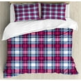 thumbnail image 1 of Plaid King Size Duvet Cover Set, Classical British Tartan Design with a Modern Look Pink and Blue Tile Pattern, Decorative 3 Piece Bedding Set with 2 Pillow Shams, Blue Pink Grey, by Ambesonne, 1 of 3
