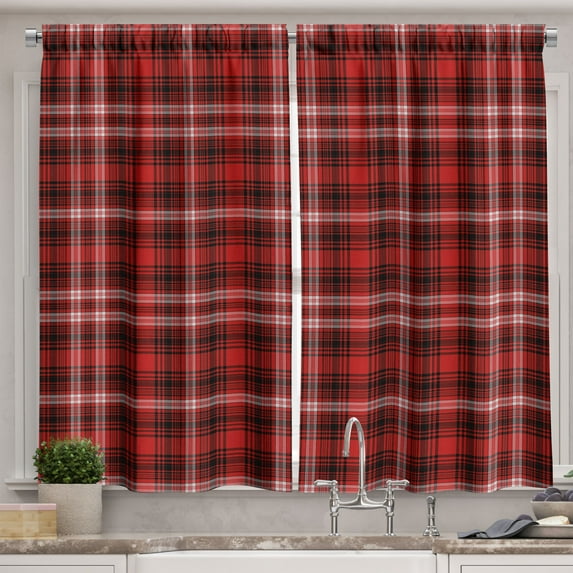 Plaid Kitchen Curtains, Nostalgic Striped Pattern from British Country Constrasting Colors, Two Panels Drapes with Rod Pocket Room Decor, 55" X 45", Scarlet Black White, by Ambesonne