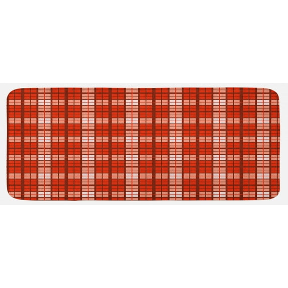 Plaid Kitchen Mat, Tartan Pattern with Grid Style Vintage Stripes and Squares Geometric Design, Plush Decorative Kitchen Mat with Non Slip Backing, 47" X 19", Vermilion White, by Ambesonne