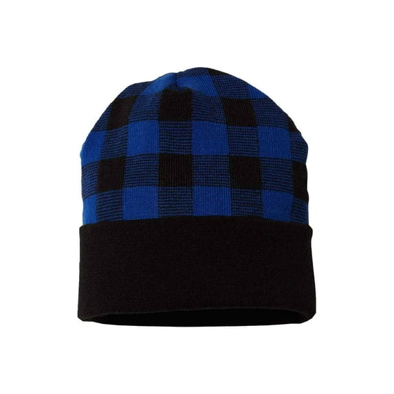 Plaid Knit with Cuff Beanie, Black / True Blue, One Size, 1 Piece