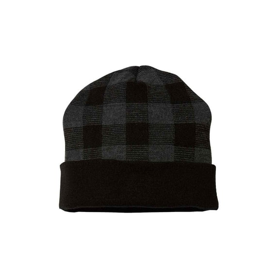 Plaid Knit with Cuff Beanie, Dark Grey, One Size, 1 Piece