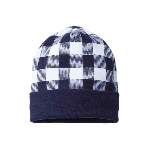 Plaid Knit with Cuff Beanie, Navy / White, One Size, 1 Piece