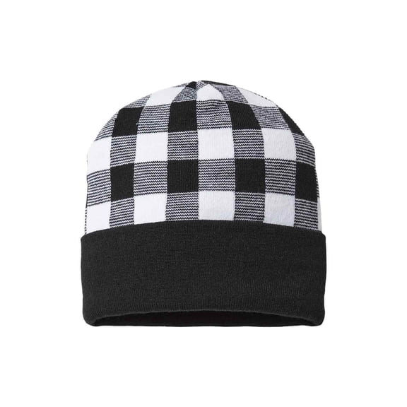 Plaid Knit with Cuff Beanie, White / Black, One Size, 1 Piece
