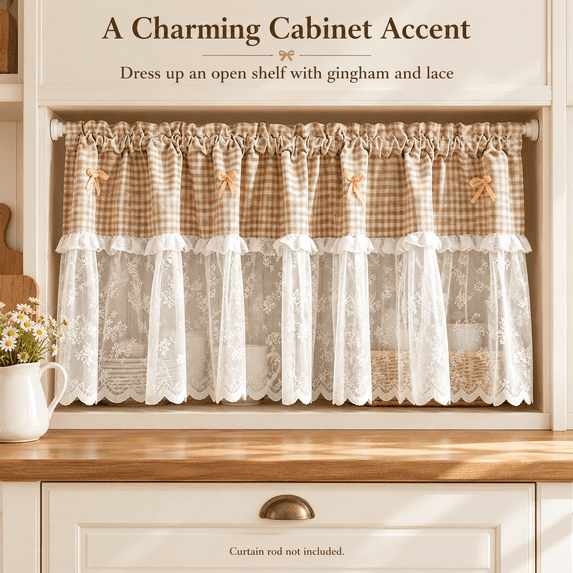 Plaid Lace Cafe Curtain, Polyester Cafe Curtain with Rod Pocket, Small Window Treatment for Privacy and Soft, for Farmhouse Kitchen, Laundry Area and Small, Beige, 9.84 x 8.66 x 1.18 in, 1 Piece