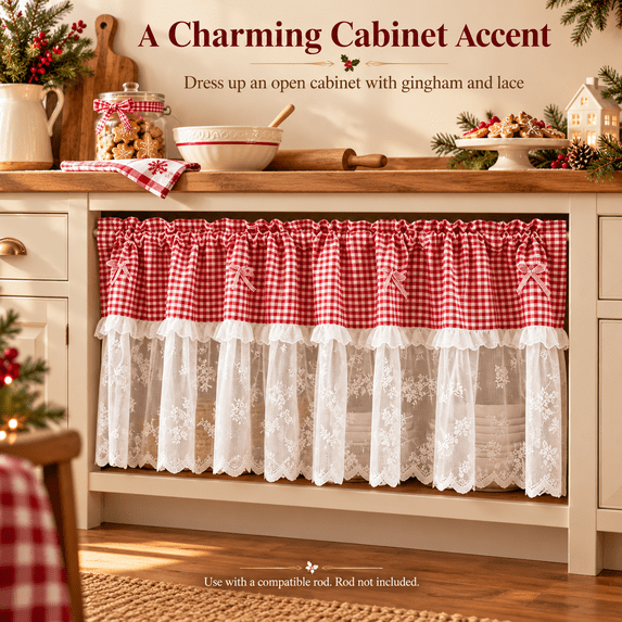 Plaid Lace Cafe Curtain, Short Window Valance with Bow Detail and Soft, Decorative Tier Valance for Kitchen Sink, for Kitchen Sink, Utility Room and Bathroom, Red, 9.84 x 8.66 x 1.18 in, 1 Piece