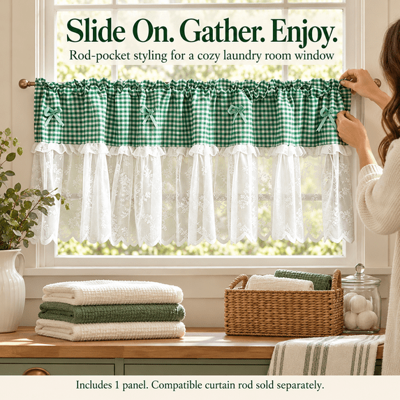 Plaid Lace Cafe Curtain, Short Window Valance with Bow, Small Window Treatment for Privacy and Soft Daylight, for Farmhouse Kitchen, Laundry Area and Small, Green, 9.84 x 8.66 x 1.18 in, 1 Piece