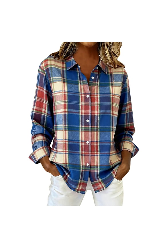 Plaid Lapel Collar Shirt Women's Casual Contrast Color Autumn and Winter Retro Plaid Print Shirt Long Sleeve Button Down Shirts