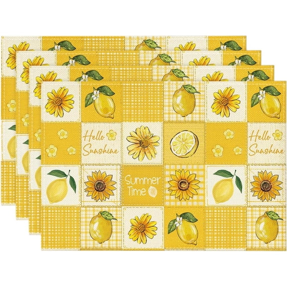 Plaid Lemon Sunflower Summer Placemats Set of 4, 12x18 Inch Hello Sunshine Table Mats for Party Kitchen Dining Decoration