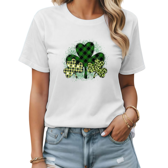 Plaid Leopard Shamrock Print Tshirt Graphic Tees White Shirts S-5XL St Patricks Day Trendy Womens Tops