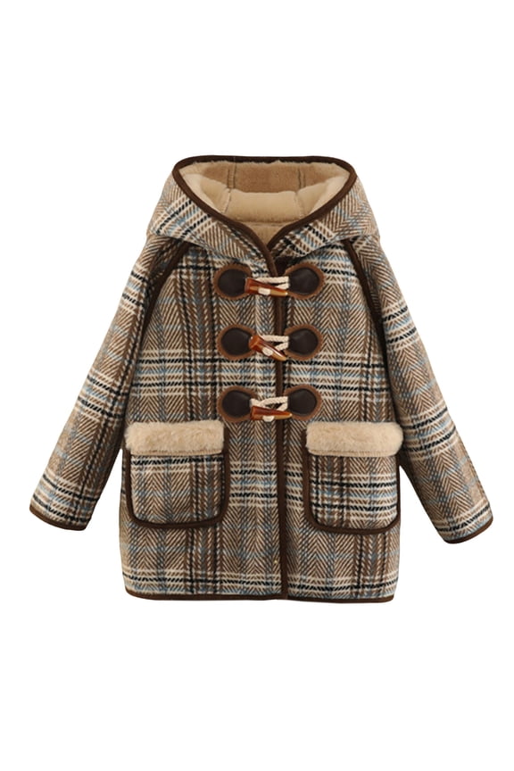 Plaid Long Jacket For Kids Hooded Button Down Fleece Liner Overcoat Thicken Thermal Outwear With Pockets (120, Blue)