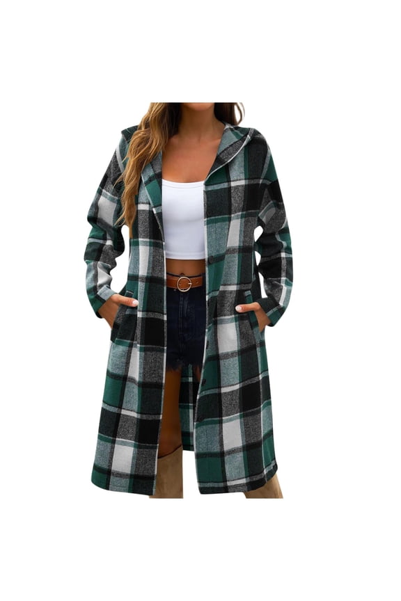 Plaid Long Jacket for Women Oversized Button Down Shacket Shirt Fall Flannel Hooded Trench Coats with Pockets