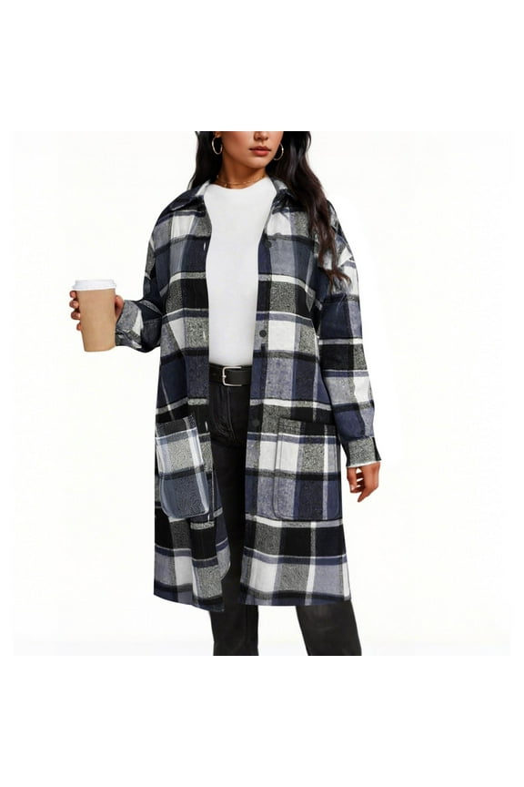 Plaid Long Jackets Womens Fall Button Up Lapel Flannel Shirt Shackets with Pockets Woolen Mid-length Trench Coat, Black 2XL