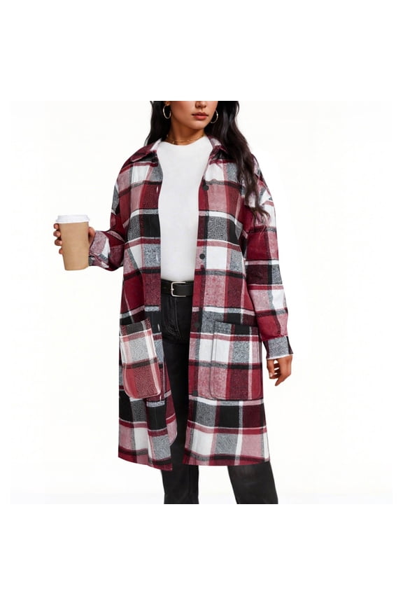 Plaid Long Jackets Womens Fall Button Up Lapel Flannel Shirt Shackets with Pockets Woolen Mid-length Trench Coat, Red XL