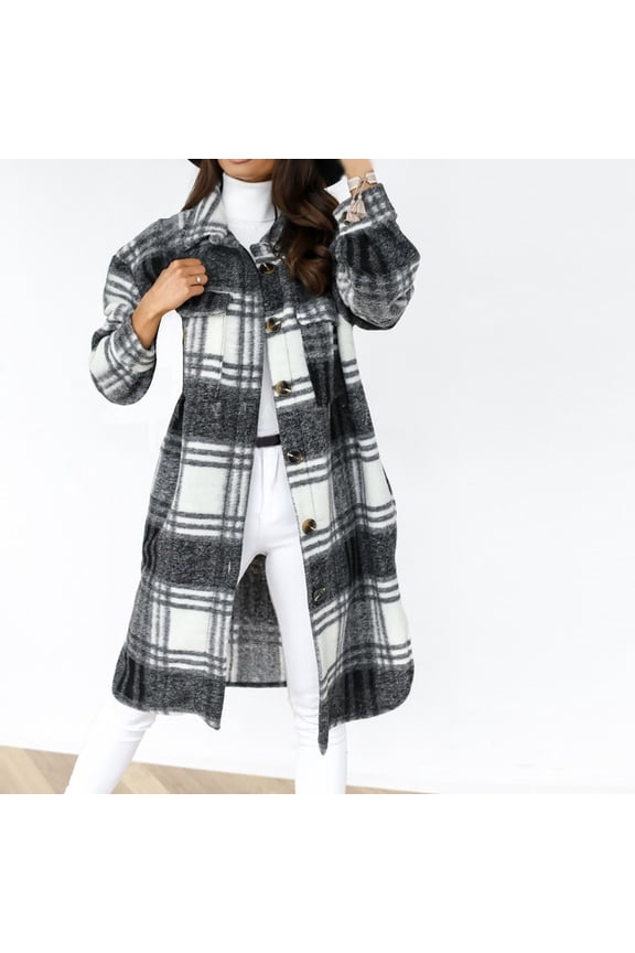 Plaid Long Wool Shacket for Women Long Sleeve Casual Flannel Shirt Jacket Single Breasted Coat with Pockets