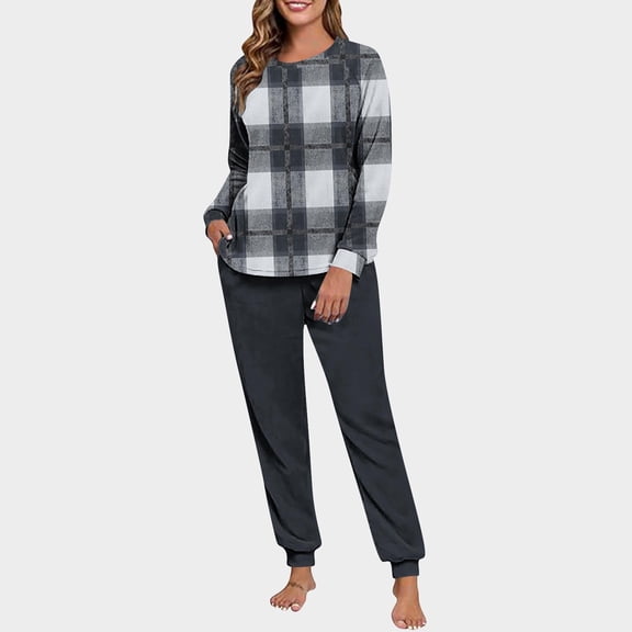 Plaid Lounge Sets for Women Fleece 2 Piece Jogger Pajama Long Sleeve Pants Loungewear Winter Casual Matching Outfits New Womens Fall Outfits Gray XL